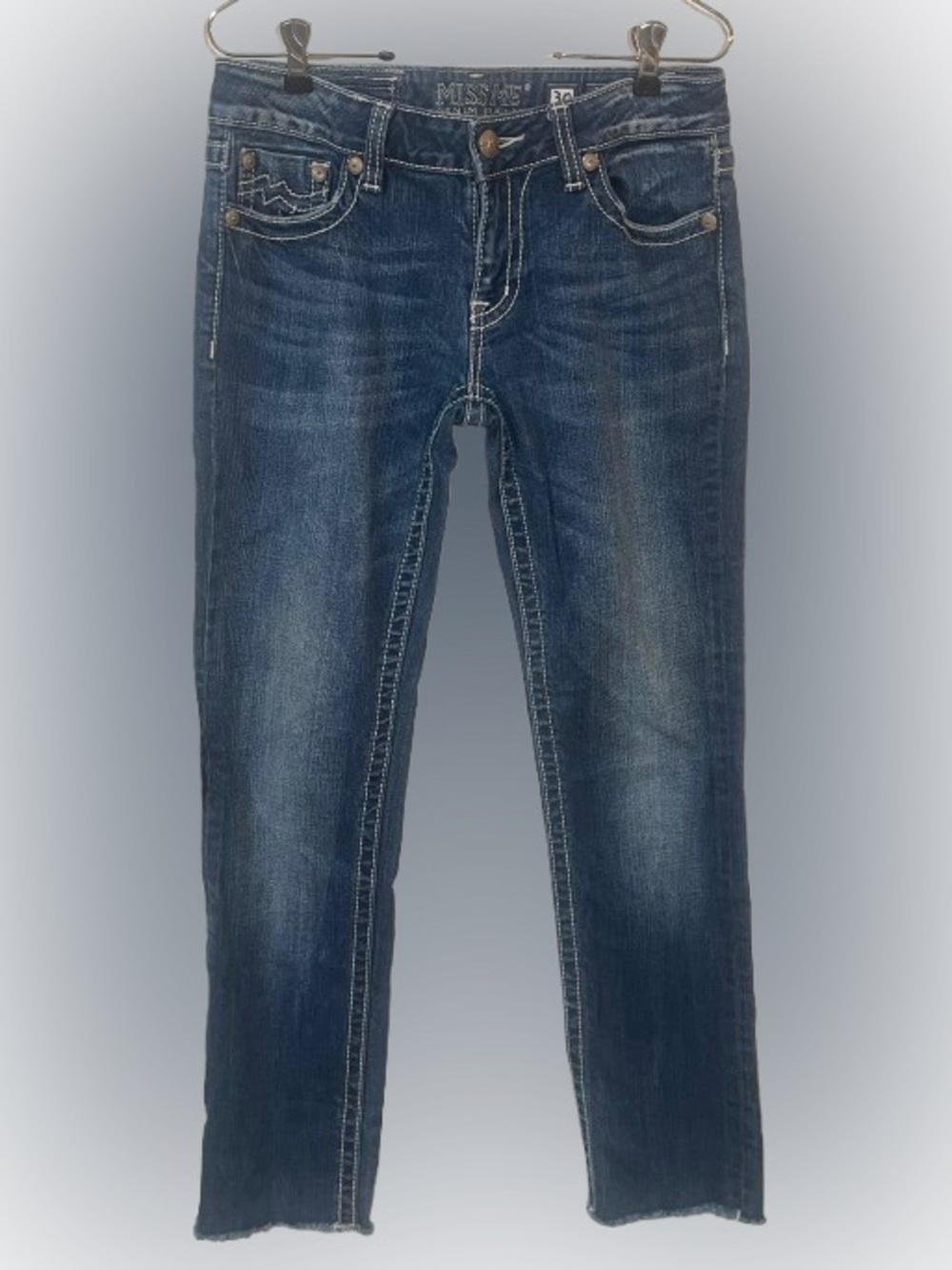 #706 Miss Me 30 Jeans Straight Leg Sunny Blue Raw Hem Classic Big Stitch Rock